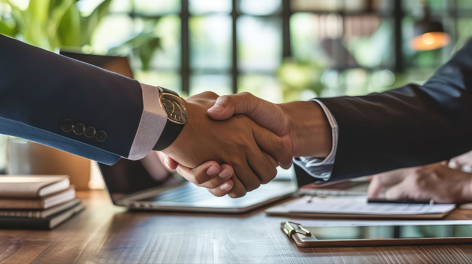 Two business people shaking hands over a table, symbolizing a professional agreement