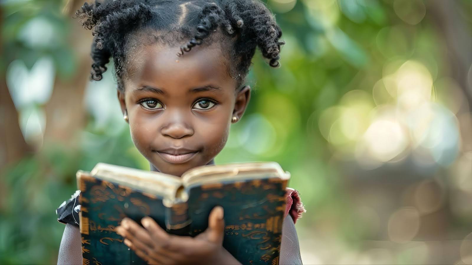 A young girl joyfully holds an open book, immersed in its pages, showcasing her love for reading.