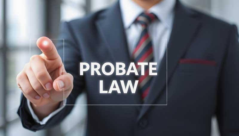 A visual representation of probate law, featuring legal symbols and documents relevant to inheritance and estate management.