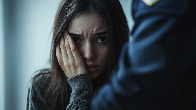 A woman gazes at the camera, her hand resting thoughtfully on her face, conveying a sense of contemplation.