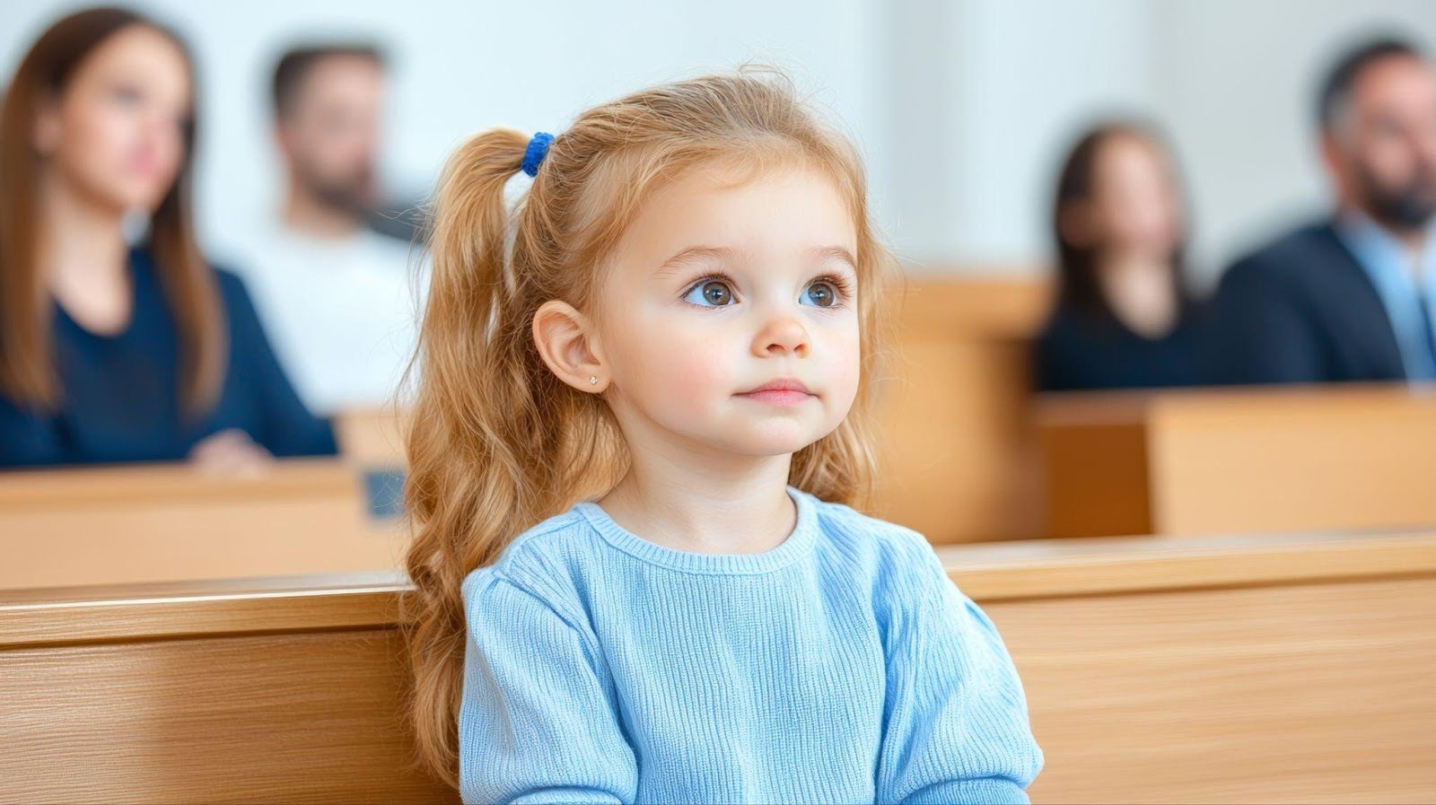 A young girl sits in a courtroom, thoughtfully observing the proceedings