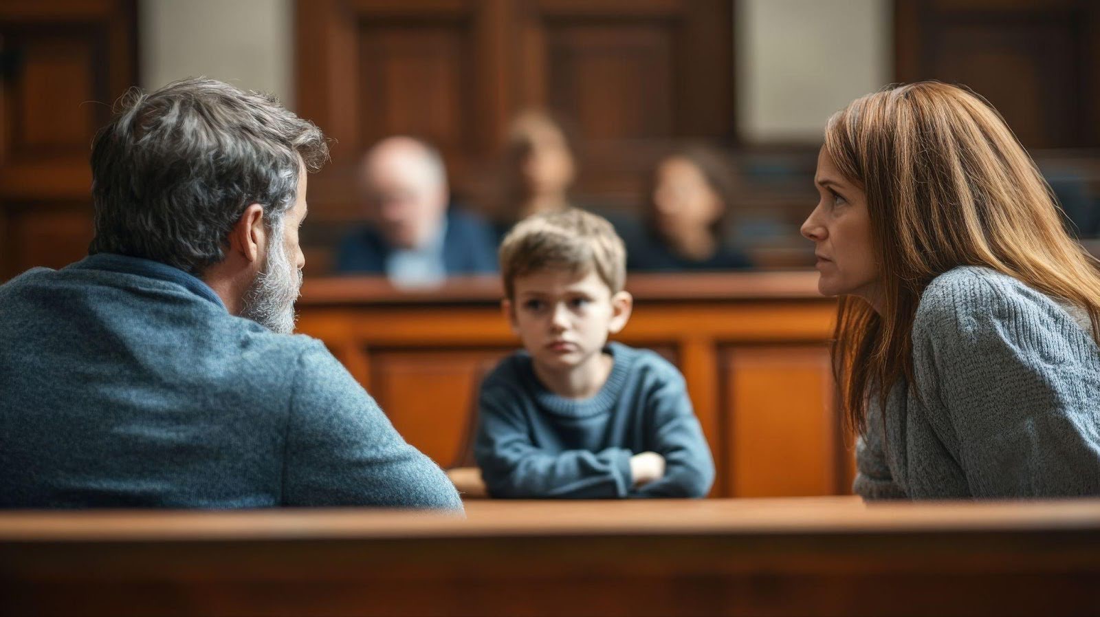 In a courtroom, a man and woman sit beside a focused child