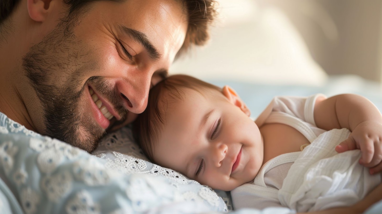 A person and a baby rest together on a lace-patterned blanket in a soft-lit room.
