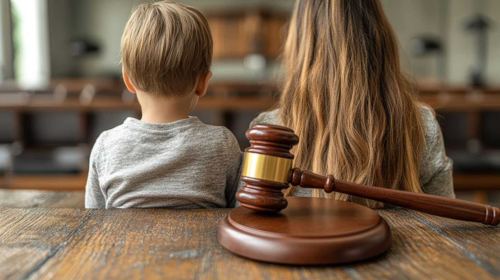 A mother and her son are present in a courtroom both appearing focused and engaged in the legal process