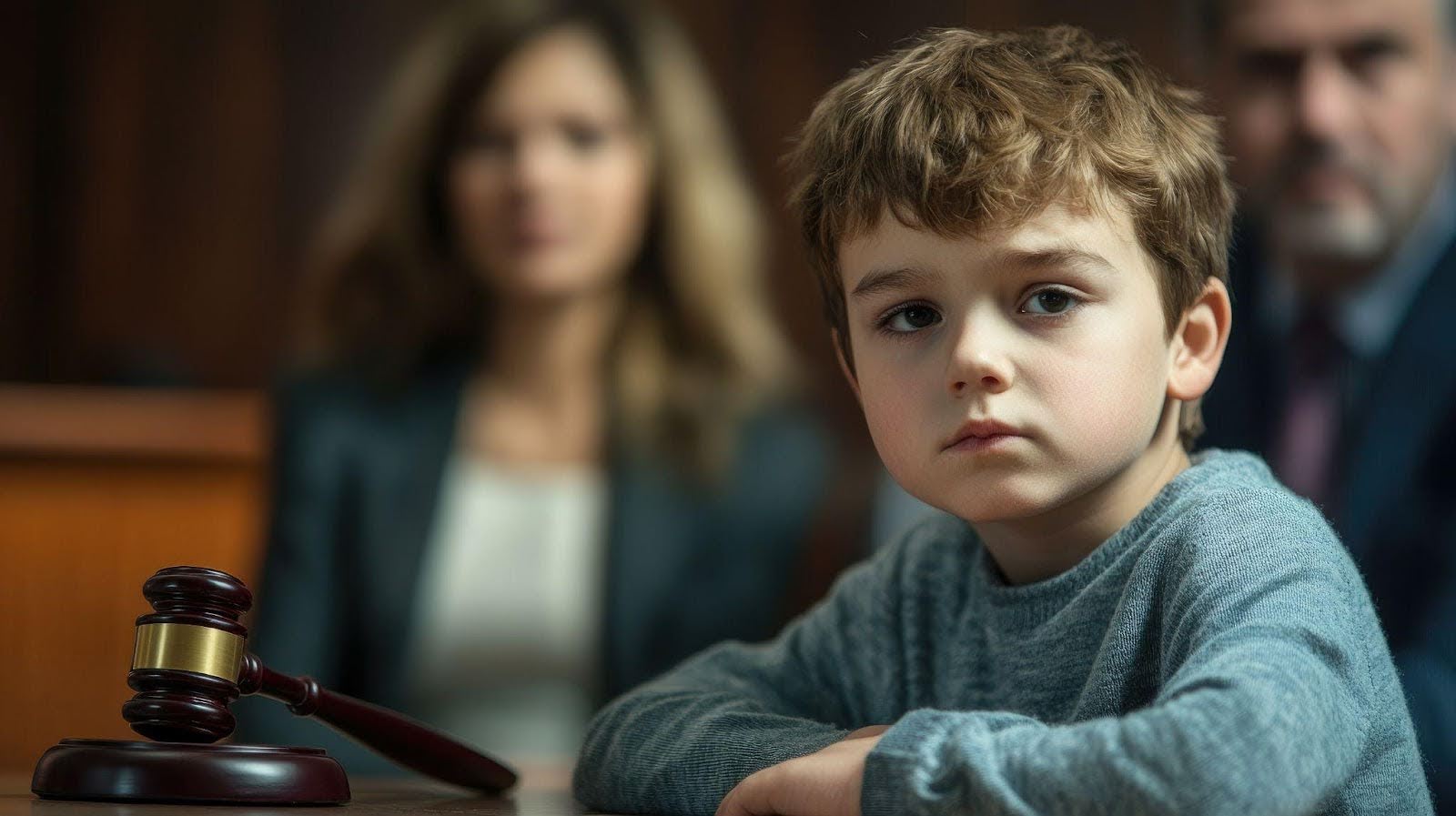 A young boy sitting in front of a judge gavel looking contemplative in a courtroom setting