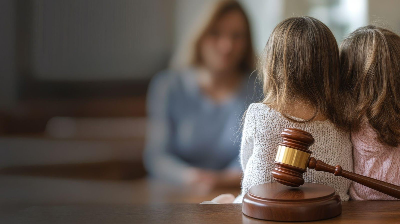Two girls at a wooden table with a judge's gavel between them suggesting a mock trial