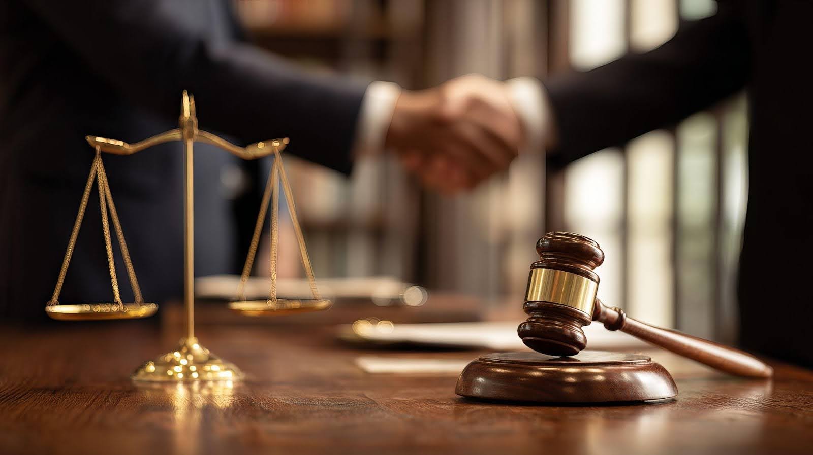 A lawyer and judge shake hands at a table featuring a gavel and scales of justice representing a partnership in law